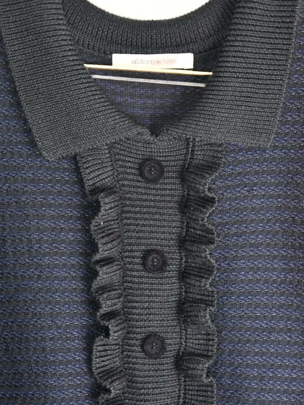 Aldo Martins Blue/Black Ruffle Bib Short Sleeves Sweater Dress